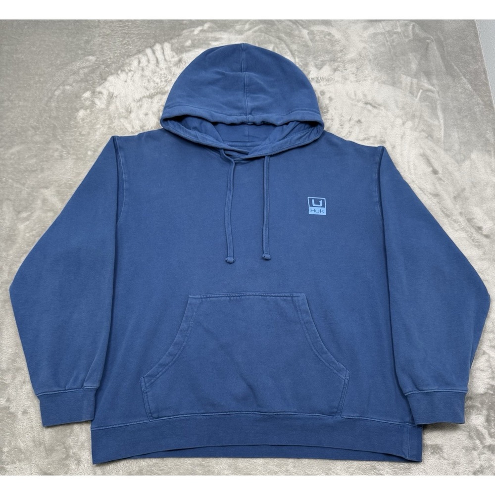 Huk Hoodie Mens XL Blue Performance Fishing Logo Pullover Sweatshirt Graphic